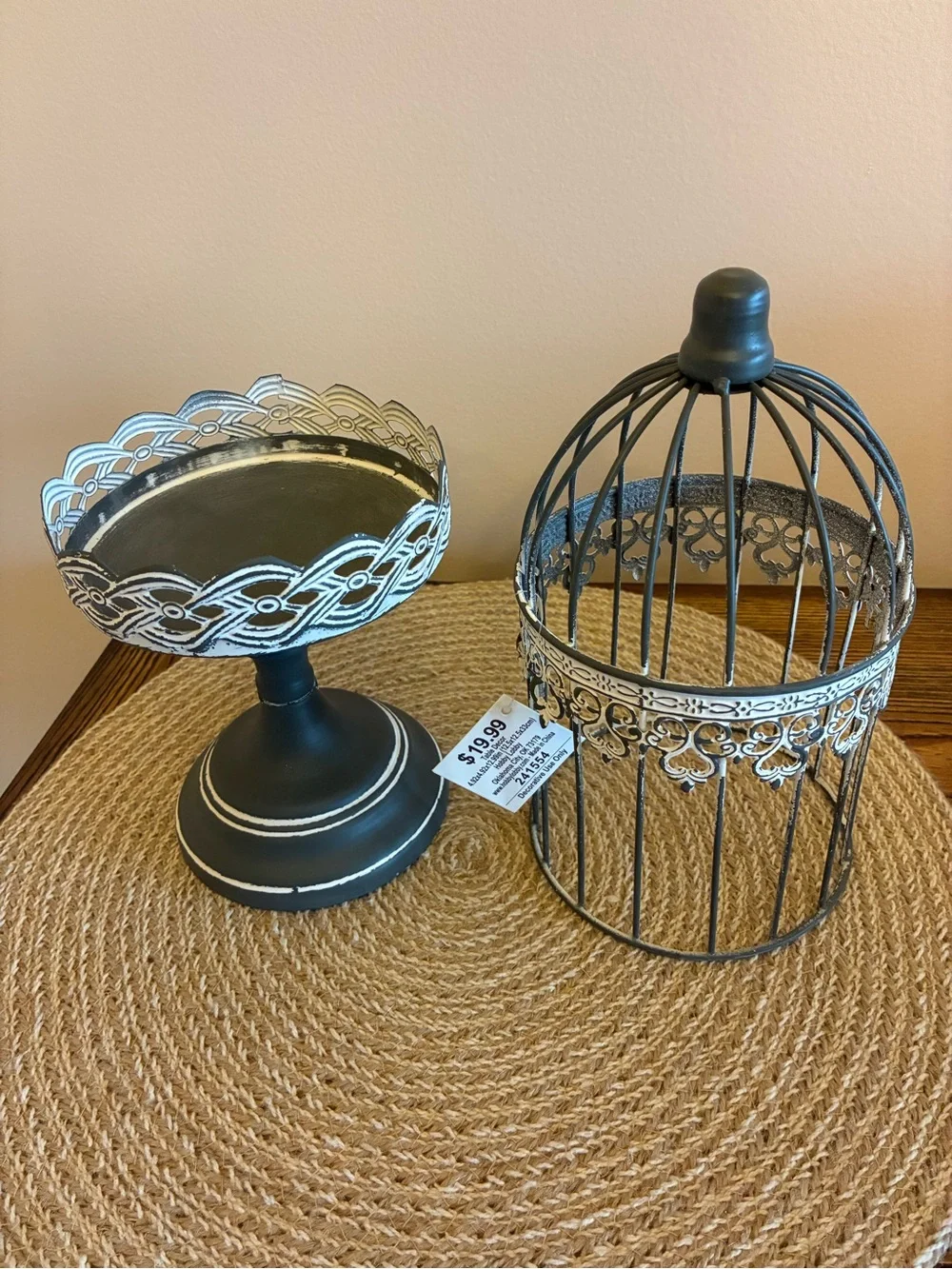 Hobby Lobby Decor Set of 2 Charcoal Gray/White Birdcage & Dark Brown Tray/Basket